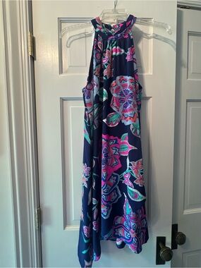 Navy Halter Floral Print Dress  asymetrical